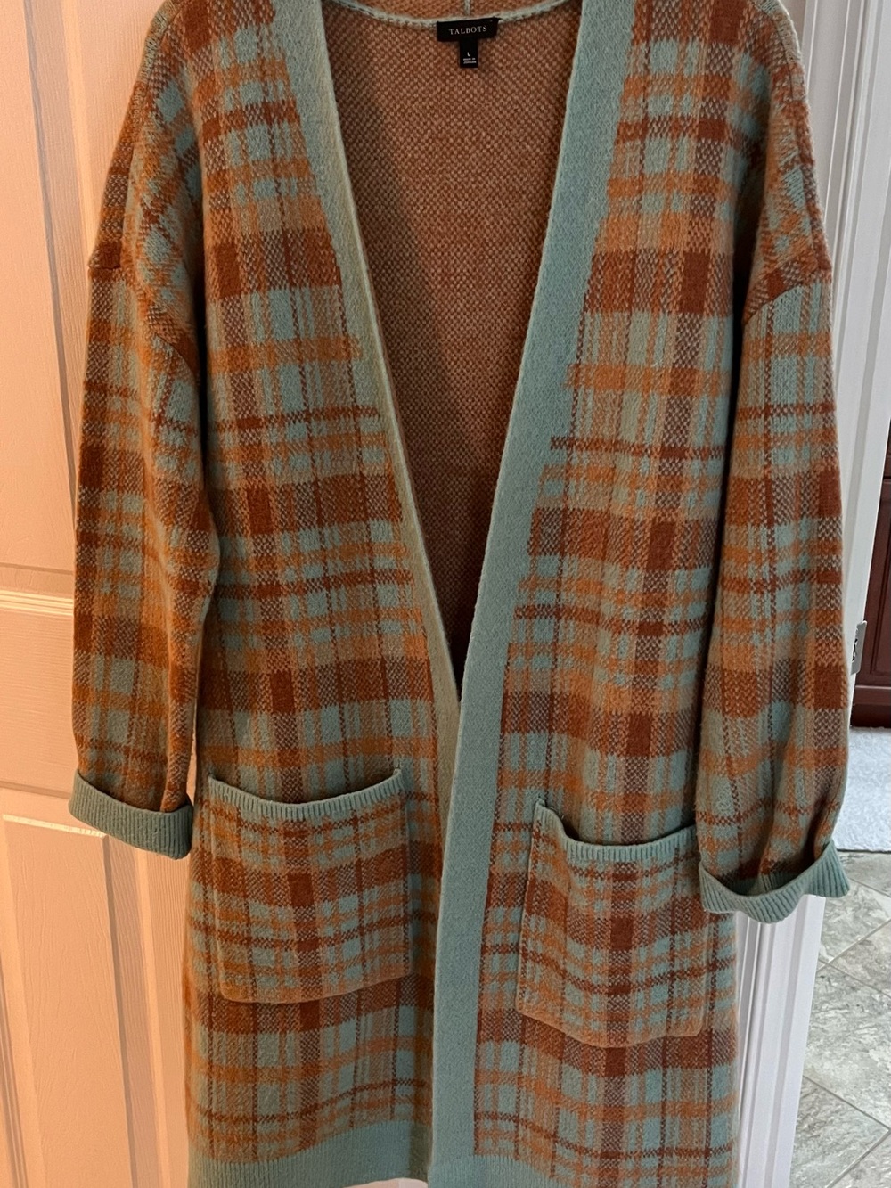 Talbots Plaid Open-Front Cardigan in Mint and Rust
